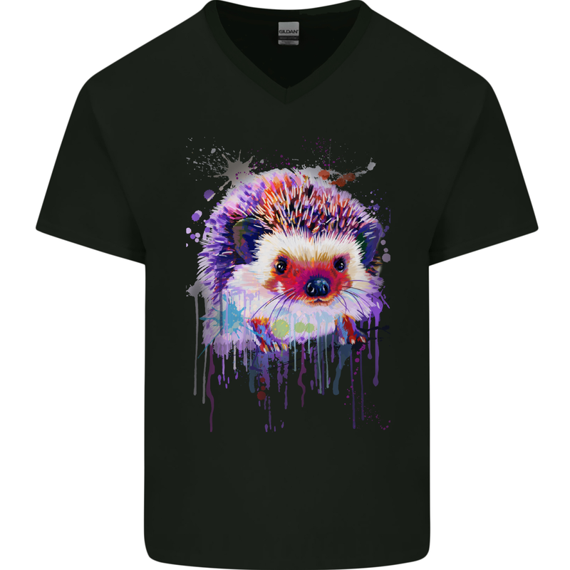 A Hedgehog Watercolour Mens V-Neck Cotton T-Shirt Black