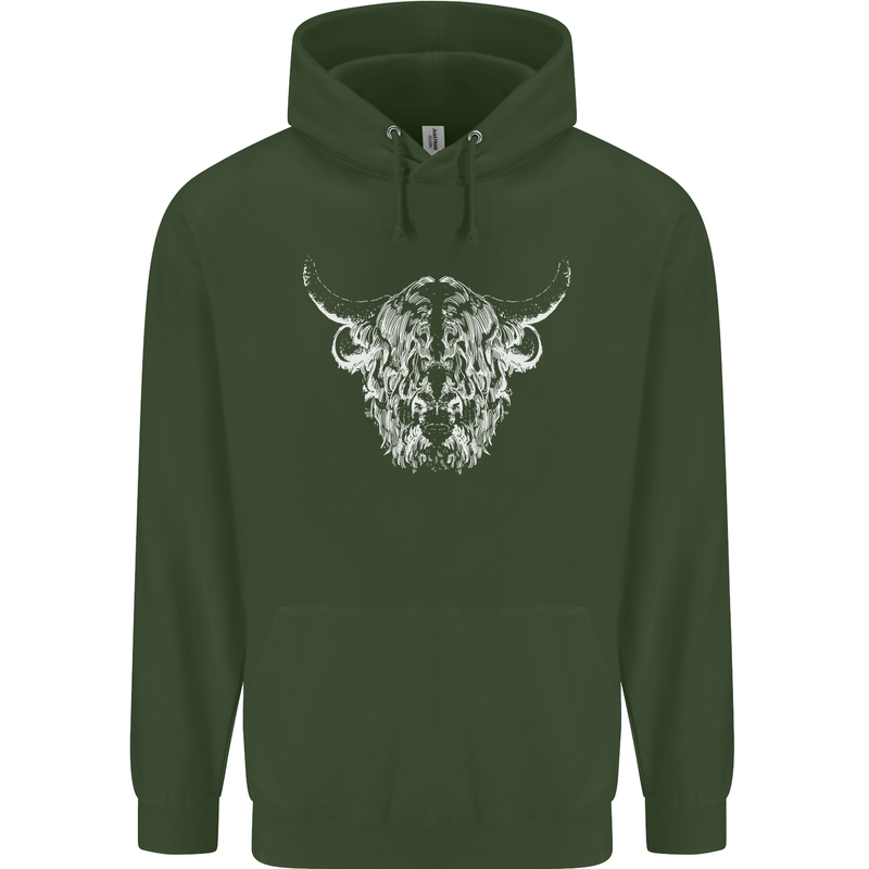 A Highland Cow Design Childrens Kids Hoodie Forest Green