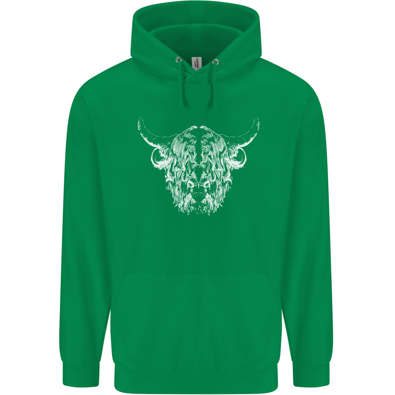 A Highland Cow Design Childrens Kids Hoodie Irish Green