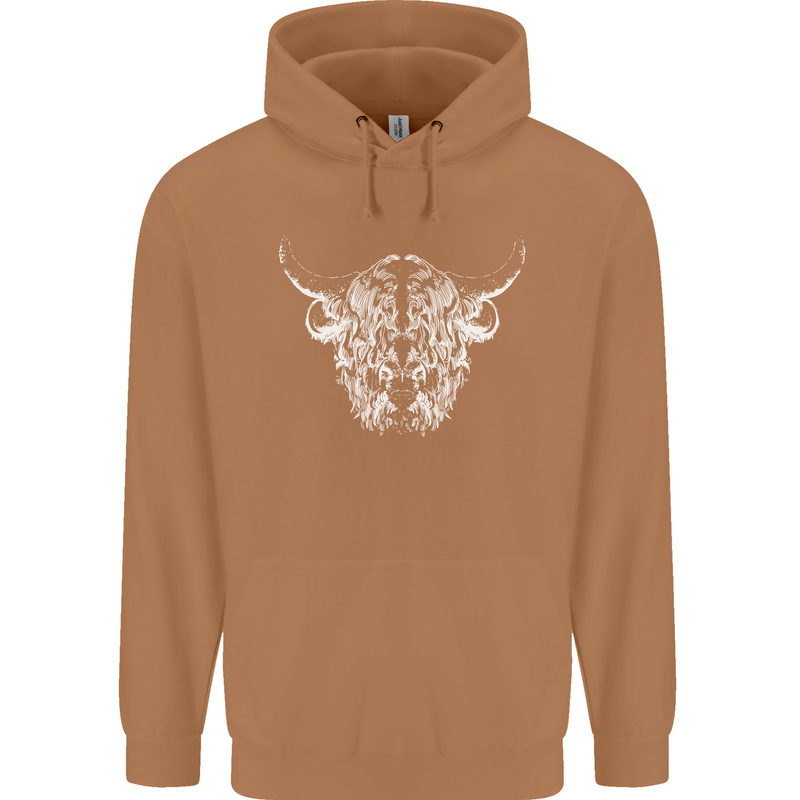 A Highland Cow Design Mens 80% Cotton Hoodie Caramel Latte