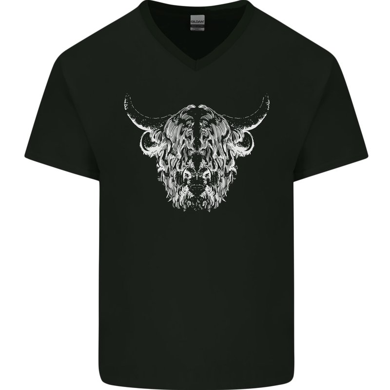 A Highland Cow Design Mens V-Neck Cotton T-Shirt Black