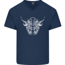 A Highland Cow Design Mens V-Neck Cotton T-Shirt Navy Blue
