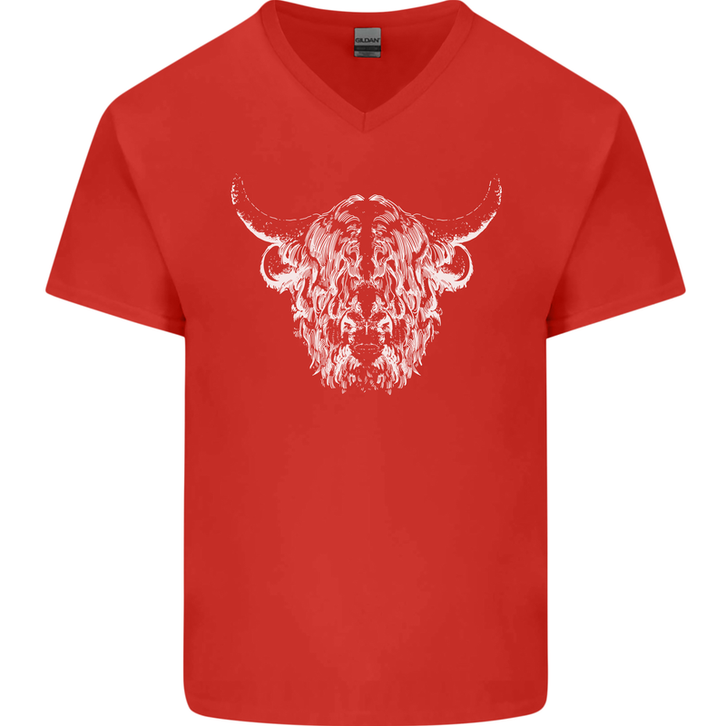 A Highland Cow Design Mens V-Neck Cotton T-Shirt Red