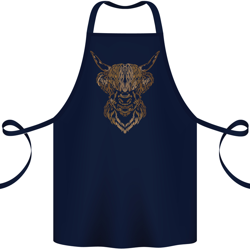 A Highland Cow Drawing Cotton Apron 100% Organic Navy Blue