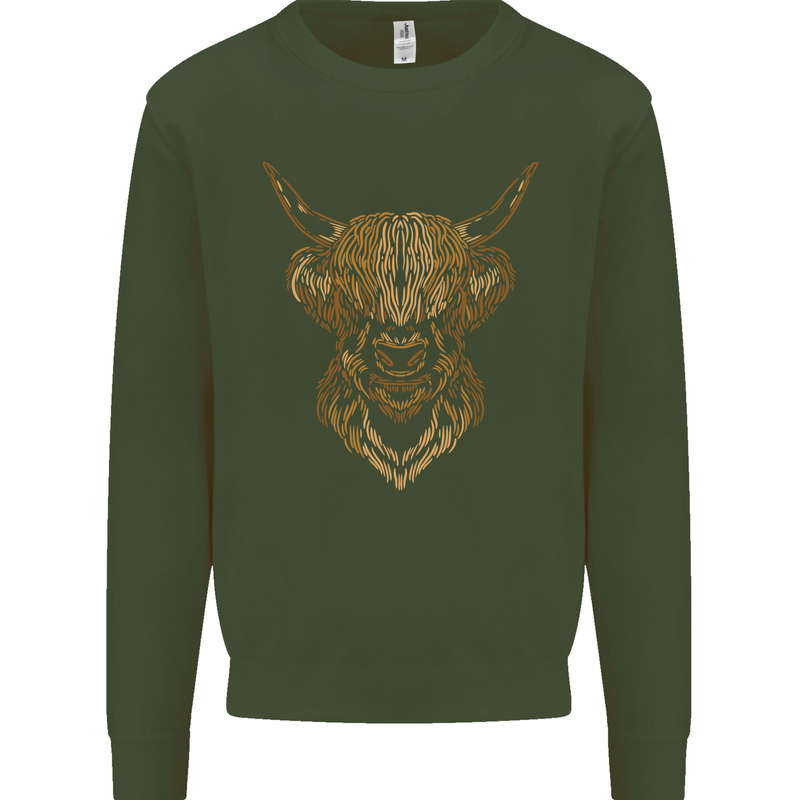 A Highland Cow Drawing Kids Sweatshirt Jumper Forest Green