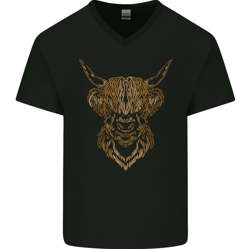 A Highland Cow Drawing Mens V-Neck Cotton T-Shirt Black