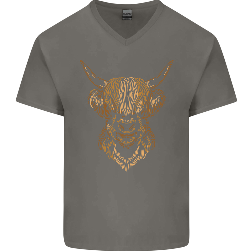 A Highland Cow Drawing Mens V-Neck Cotton T-Shirt Charcoal