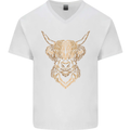 A Highland Cow Drawing Mens V-Neck Cotton T-Shirt White