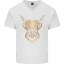 A Highland Cow Drawing Mens V-Neck Cotton T-Shirt White