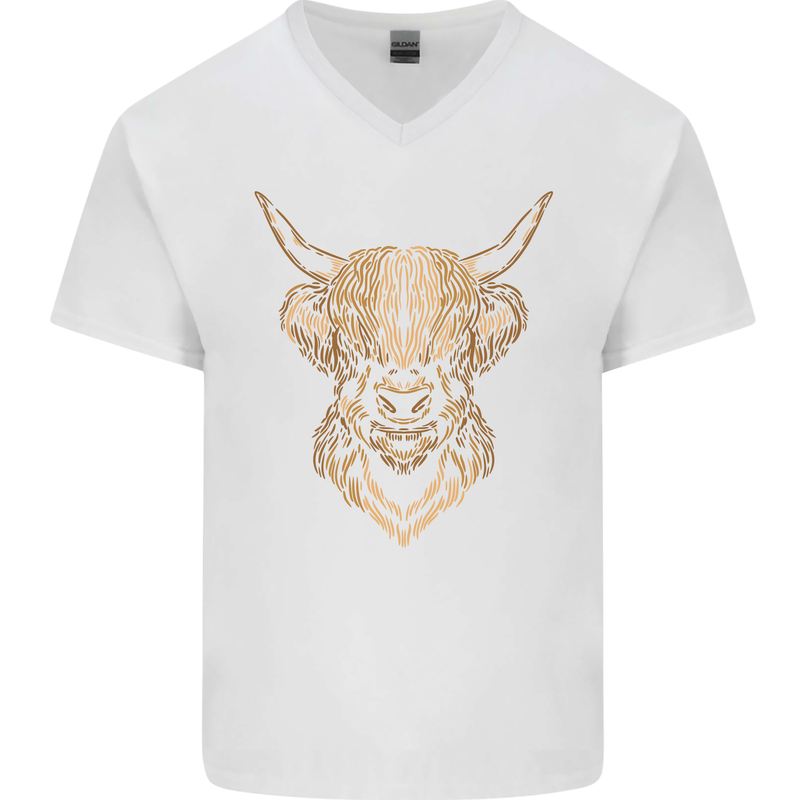 A Highland Cow Drawing Mens V-Neck Cotton T-Shirt White