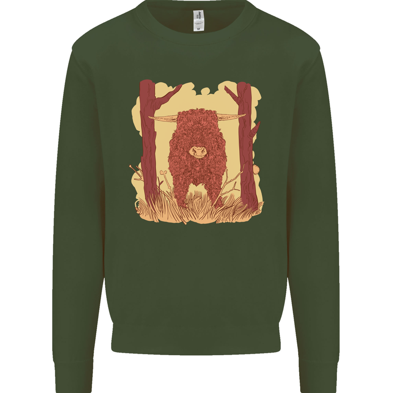 A Highland Cow Kids Sweatshirt Jumper Forest Green