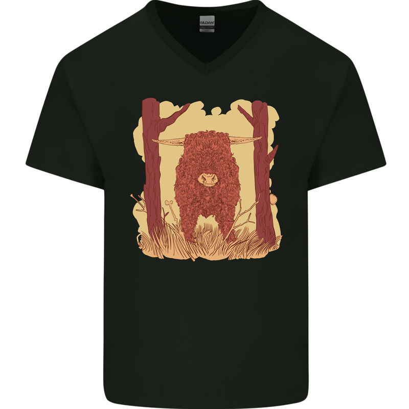 A Highland Cow Mens V-Neck Cotton T-Shirt Black