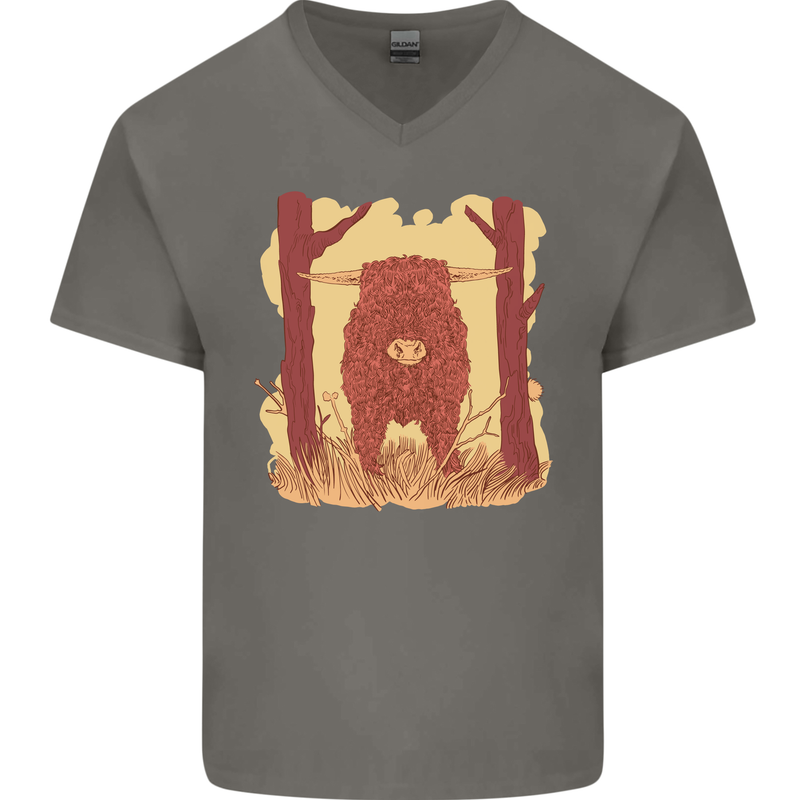 A Highland Cow Mens V-Neck Cotton T-Shirt Charcoal