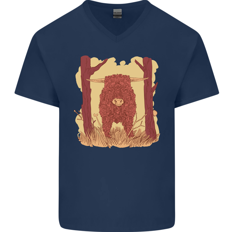 A Highland Cow Mens V-Neck Cotton T-Shirt Navy Blue