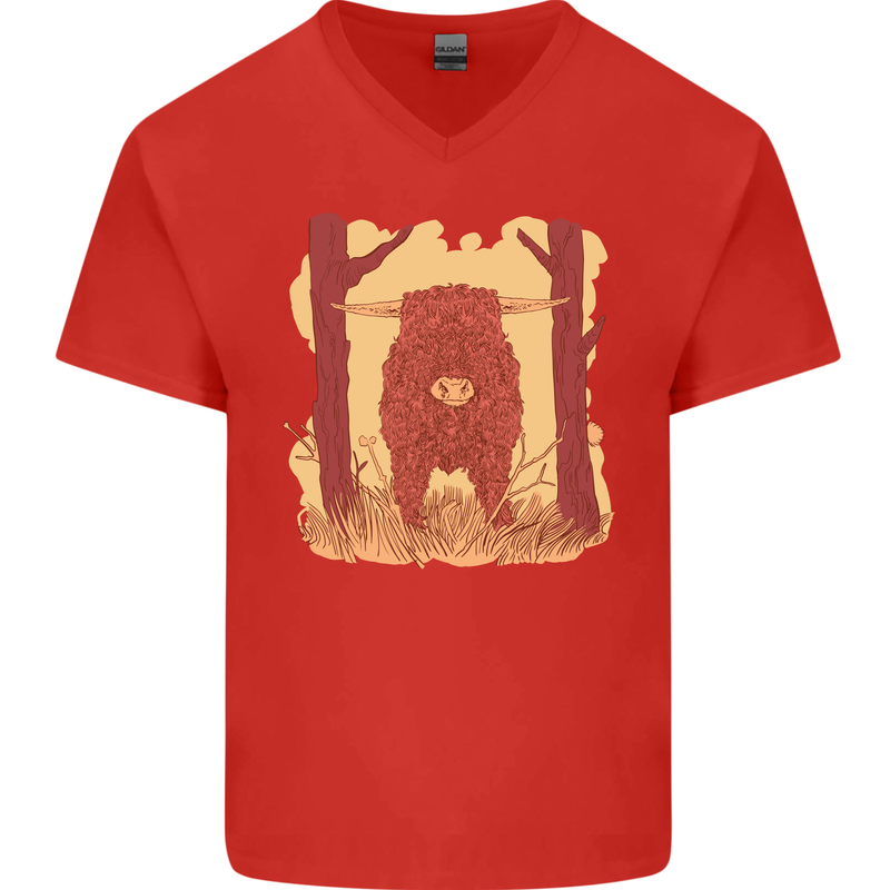 A Highland Cow Mens V-Neck Cotton T-Shirt Red