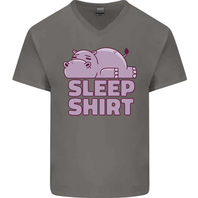 A Hippo Sleeping Shirt Hippomotamus Mens V-Neck Cotton T-Shirt Charcoal