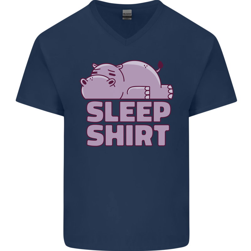 A Hippo Sleeping Shirt Hippomotamus Mens V-Neck Cotton T-Shirt Navy Blue