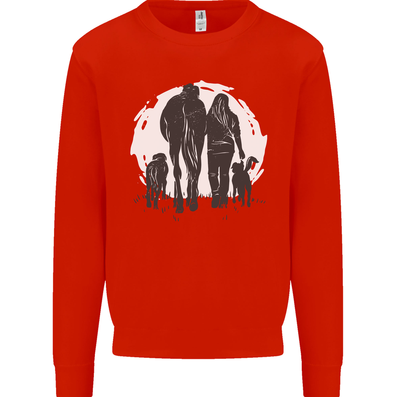 A Horse and Dogs Equestrian Riding Rider Kids Sweatshirt Jumper Bright Red