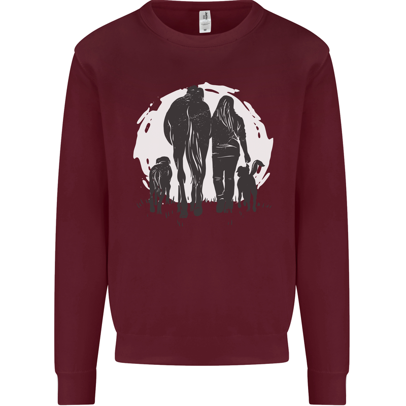 A Horse and Dogs Equestrian Riding Rider Kids Sweatshirt Jumper Maroon