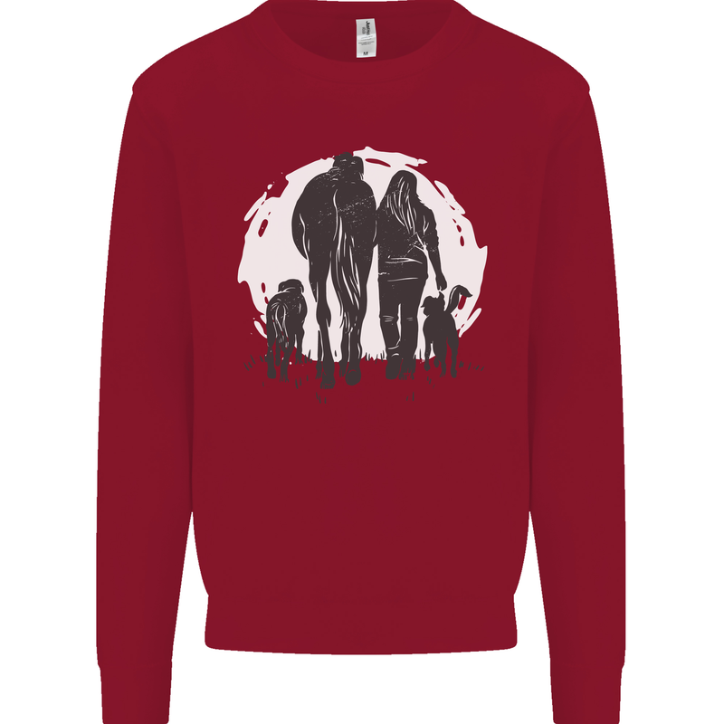 A Horse and Dogs Equestrian Riding Rider Kids Sweatshirt Jumper Red