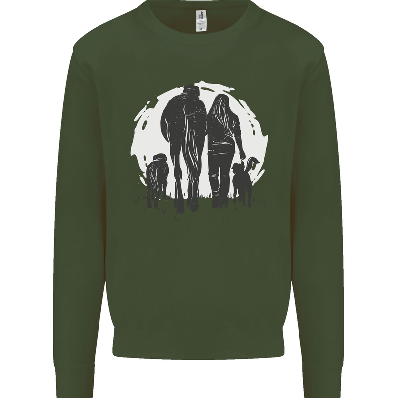 A Horse and Dogs Equestrian Riding Rider Mens Sweatshirt Jumper Forest Green