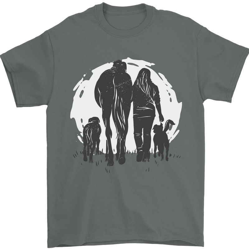 A Horse and Dogs Equestrian Riding Rider Mens T-Shirt Cotton Gildan Charcoal