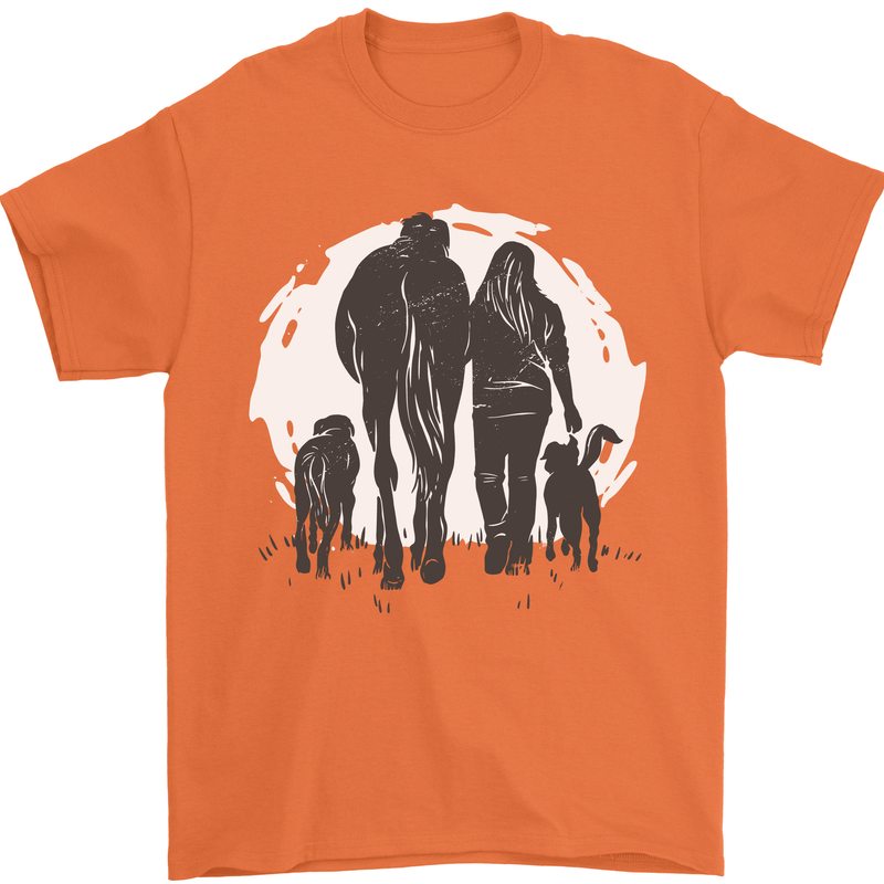 A Horse and Dogs Equestrian Riding Rider Mens T-Shirt Cotton Gildan Orange