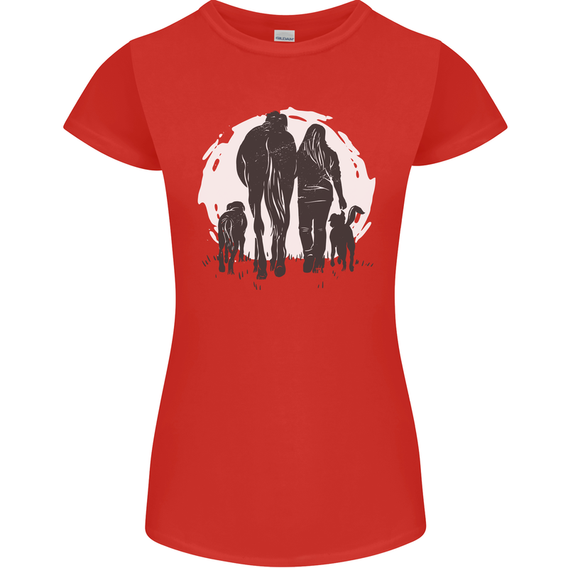 A Horse and Dogs Equestrian Riding Rider Womens Petite Cut T-Shirt Red