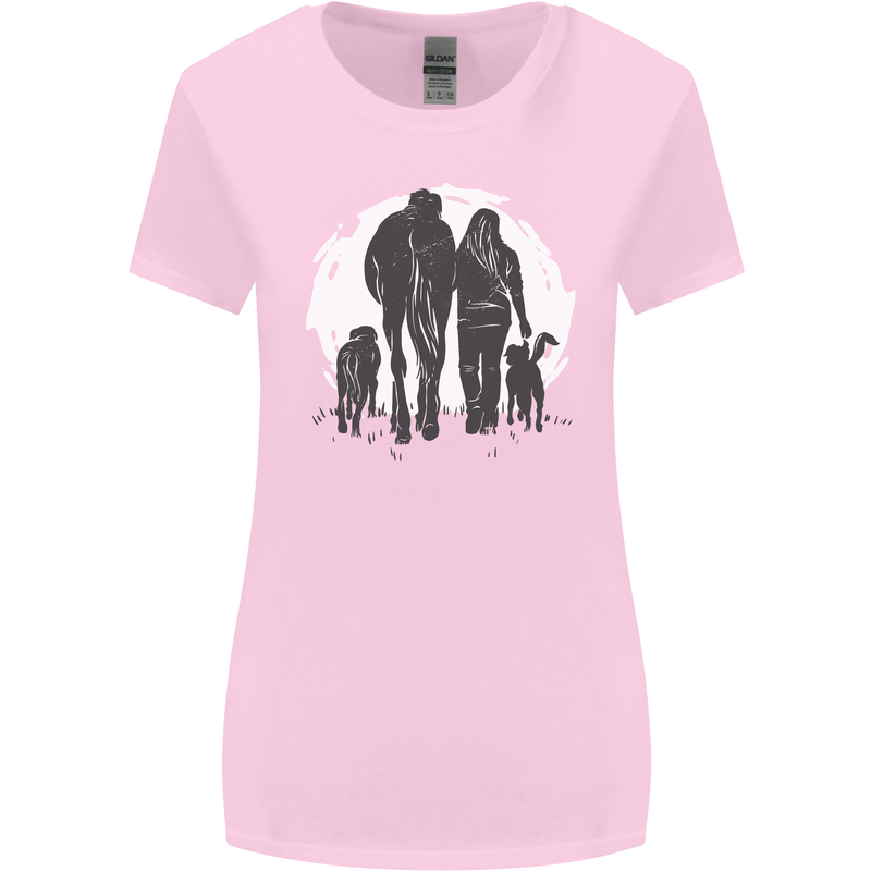 A Horse and Dogs Equestrian Riding Rider Womens Wider Cut T-Shirt Light Pink