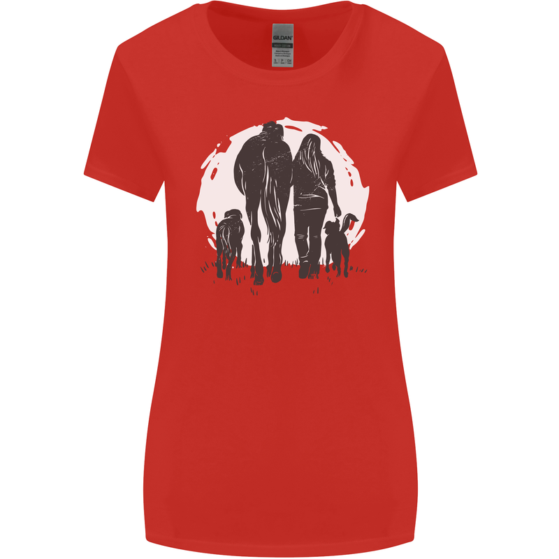 A Horse and Dogs Equestrian Riding Rider Womens Wider Cut T-Shirt Red