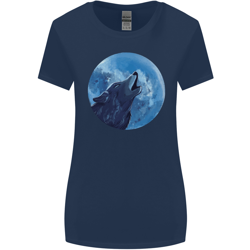 A Howling Wolf Full Moon Werewolves Womens Wider Cut T-Shirt Navy Blue