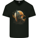 A Howling Wolf in the Moon Light Mens V-Neck Cotton T-Shirt Black