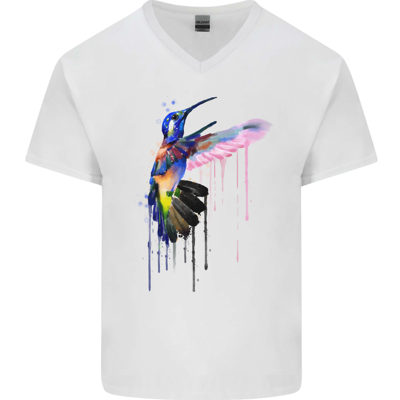 A Hummingbird Watercolour Bird Mens V-Neck Cotton T-Shirt White