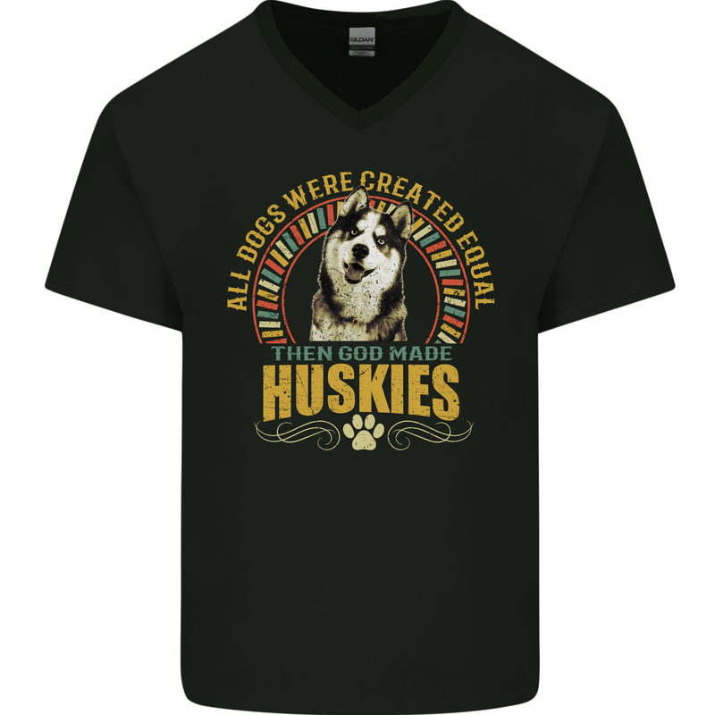 A Huskies Dog Mens V-Neck Cotton T-Shirt Black