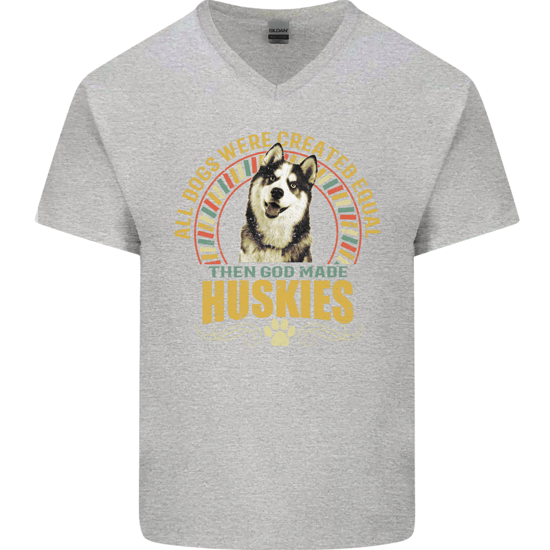 A Huskies Dog Mens V-Neck Cotton T-Shirt Sports Grey