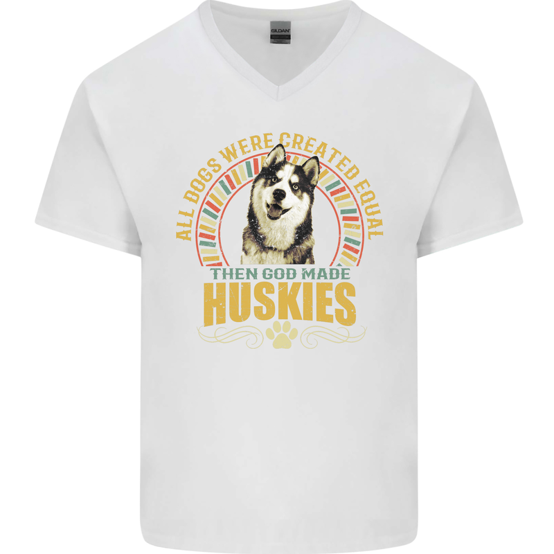 A Huskies Dog Mens V-Neck Cotton T-Shirt White