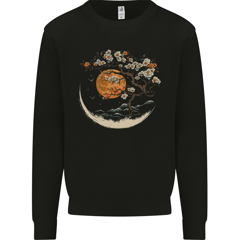 A Japanese Syle Tree on a Moon Fantasy Kids Sweatshirt Jumper Black