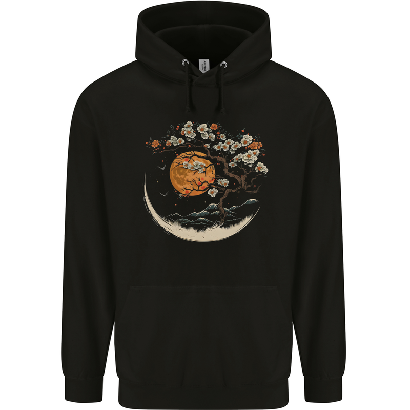 A Japanese Syle Tree on a Moon Fantasy Mens 80% Cotton Hoodie Black