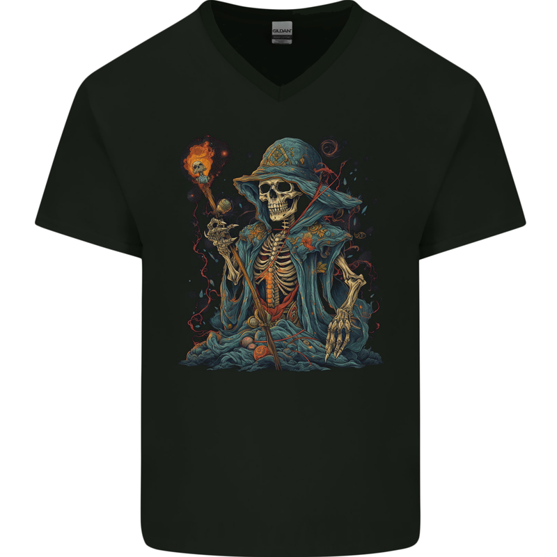 A Living Dead Wizard Skull Sorcerer Mens V-Neck Cotton T-Shirt Black