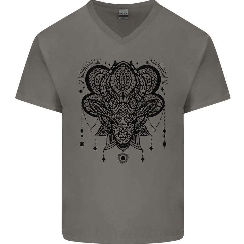 A Mandala Deer Mens V-Neck Cotton T-Shirt Charcoal