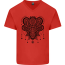 A Mandala Deer Mens V-Neck Cotton T-Shirt Red