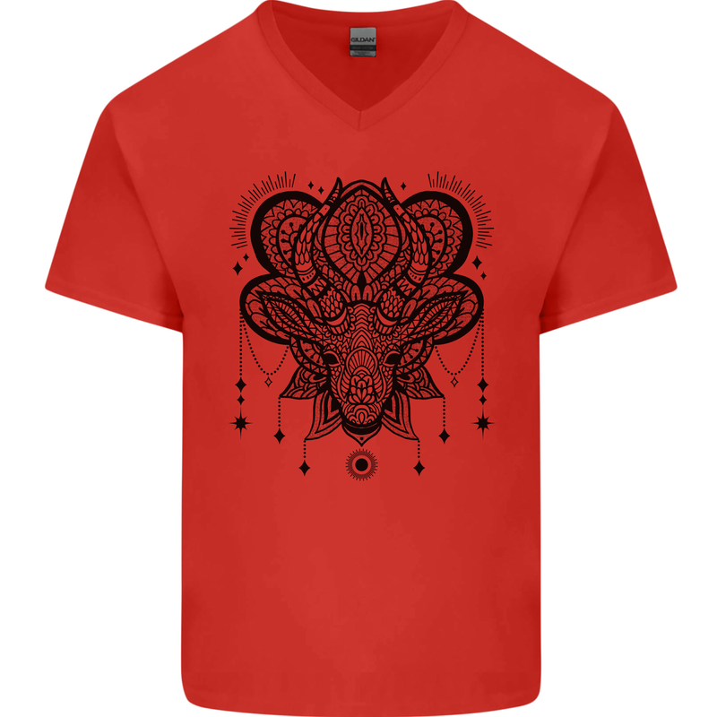 A Mandala Deer Mens V-Neck Cotton T-Shirt Red