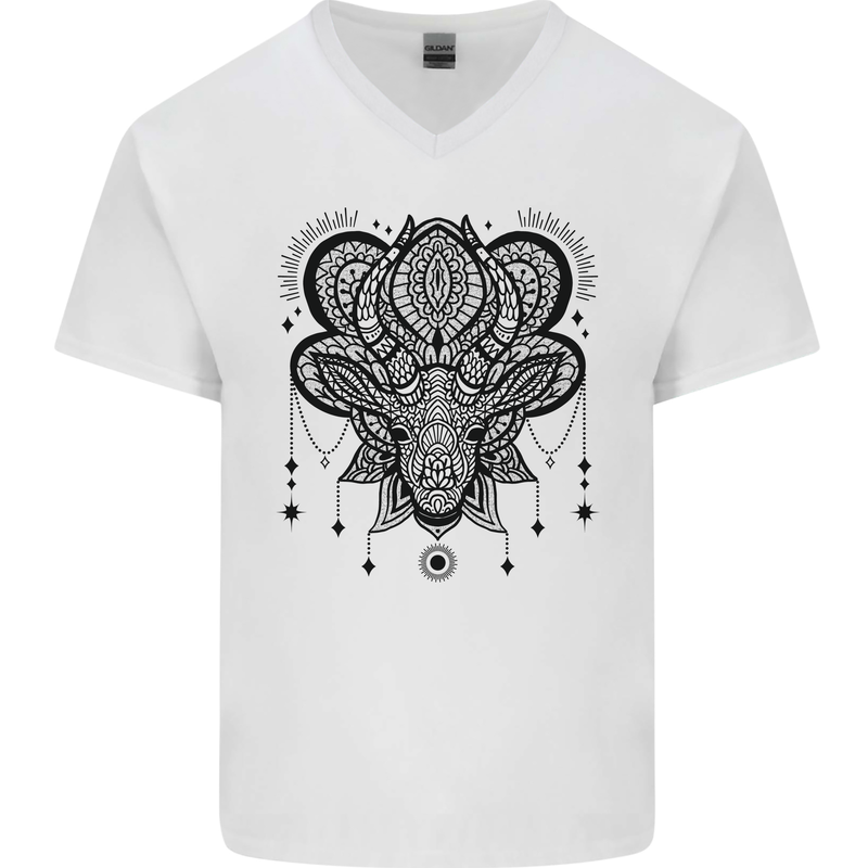 A Mandala Deer Mens V-Neck Cotton T-Shirt White
