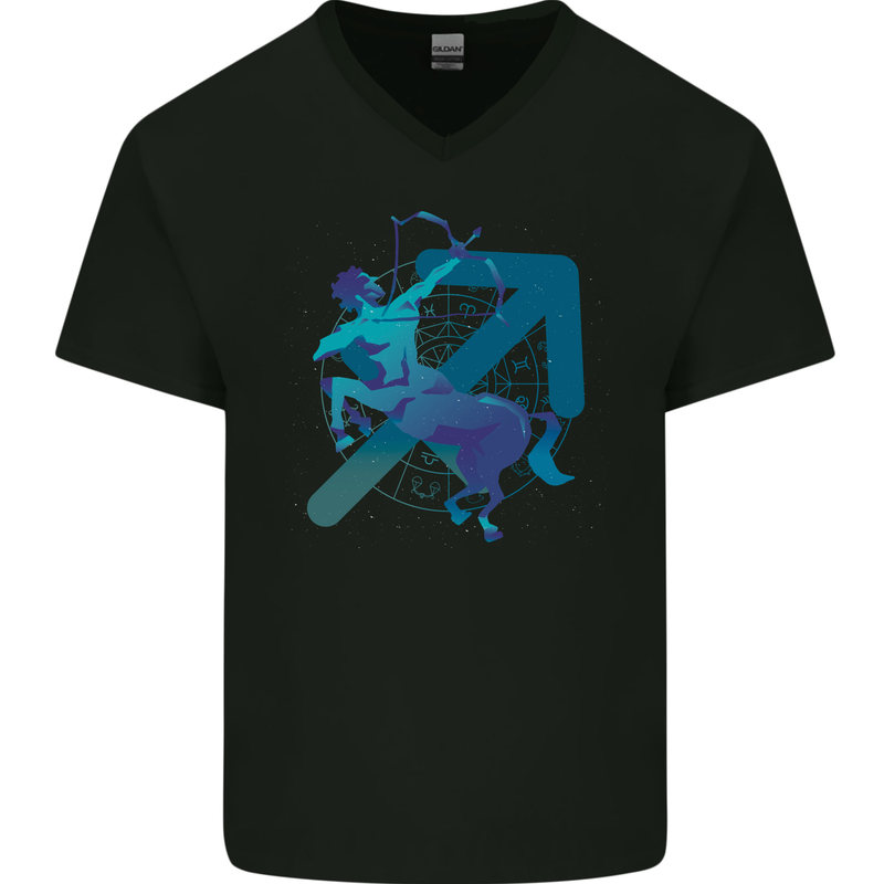 A Masculine Sagittarius Star Sign Design Mens V-Neck Cotton T-Shirt Black