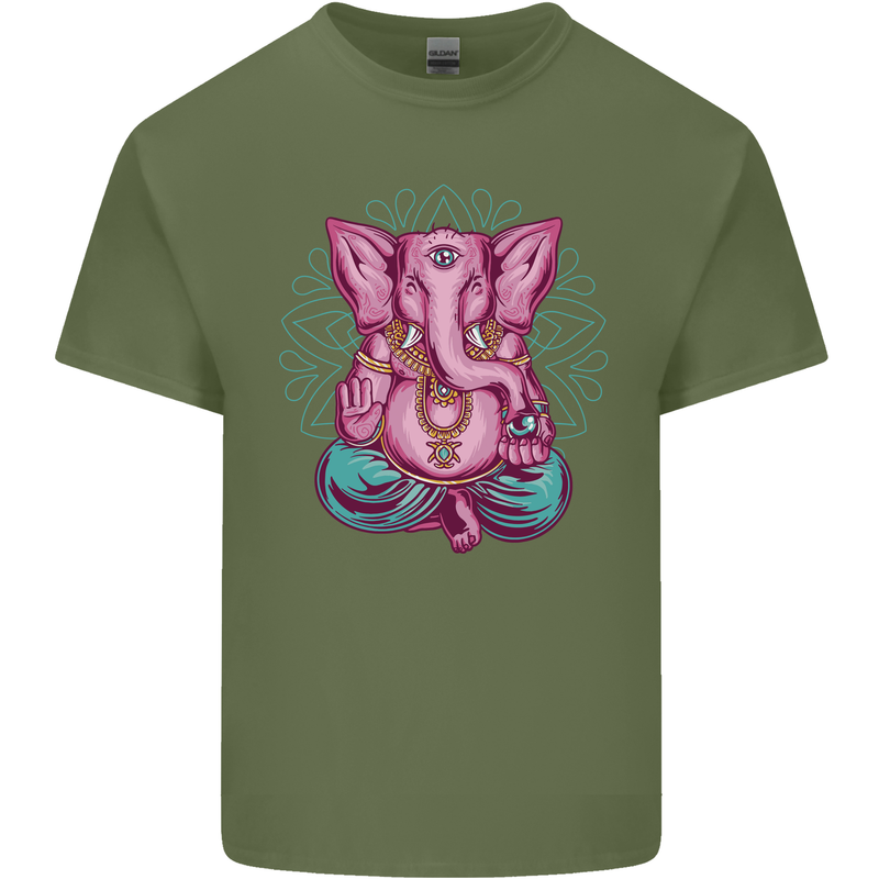 A Meditating Elephant Yoga Spiritual Mens Cotton T-Shirt Tee Top Military Green
