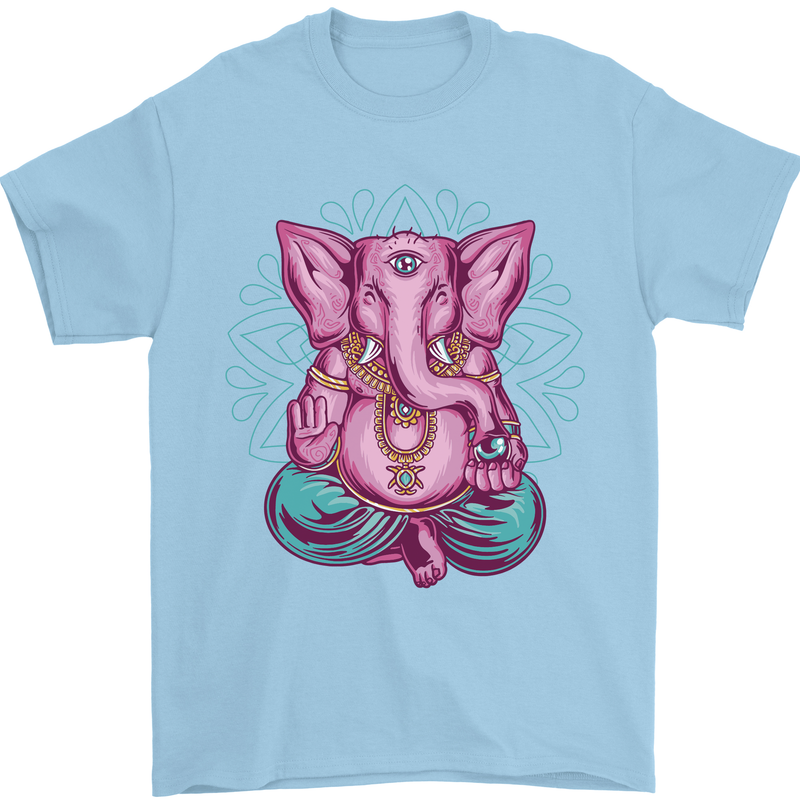 A Meditating Elephant Yoga Spiritual Mens T-Shirt Cotton Gildan Light Blue