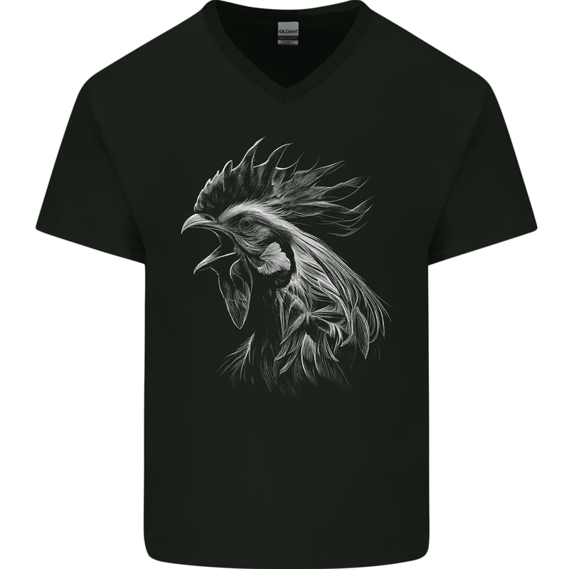 A Monochrome Rooster Farmer Farming Mens V-Neck Cotton T-Shirt Black