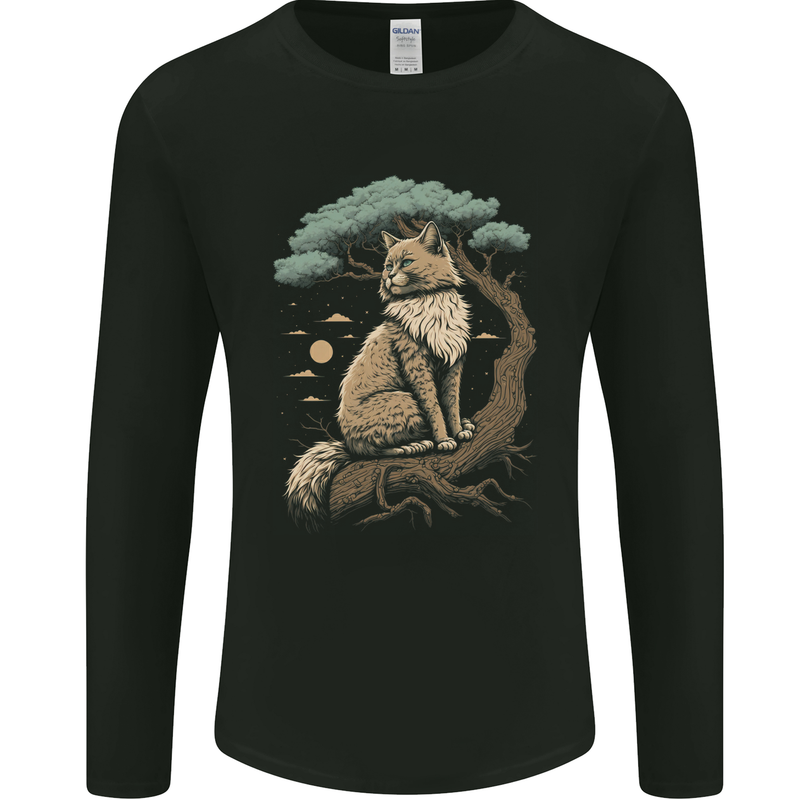 A Moon Cat Sitting on a Tree Fantasy Mens Long Sleeve T-Shirt Black
