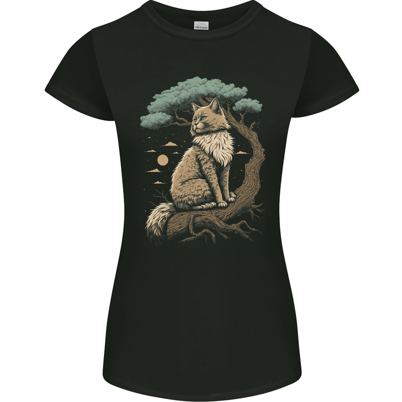 A Moon Cat Sitting on a Tree Fantasy Womens Petite Cut T-Shirt Black