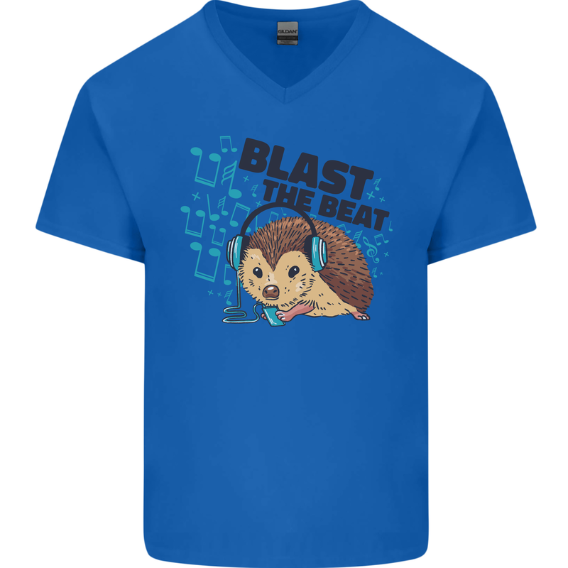 A Music DJ Hedgehog Headphones Dance Mens V-Neck Cotton T-Shirt Royal Blue